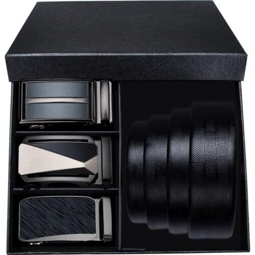 Hi-Tie Luxury Christmas Gift for Men Fashion Brand Automatic Buckle Cowhide Genuine Leather belt with Box Male Black Design Belt