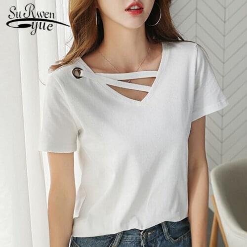 Cotton Female Shirt Fashion Women T Shirt 2019 Summer V Collar Short Sleeve Women Shirts White T-shirt Womens Clothing 2573 50