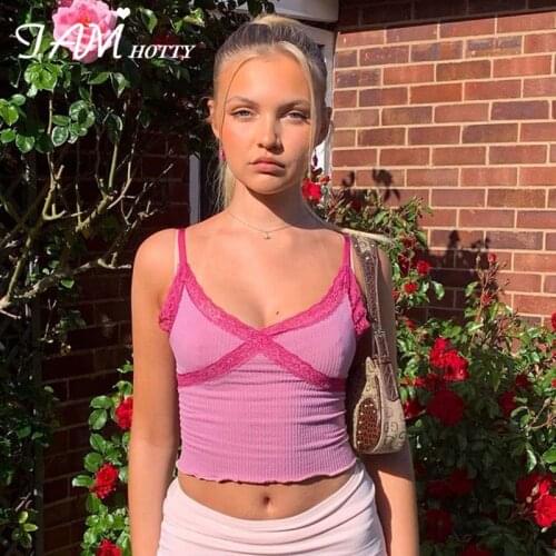 IAMHOTTY Solid Basic Patchwork Lace Crop Top Women Vintage Sweet Casual Outfits Y2K Summer Tops Femme Korean Style Harajuku Top