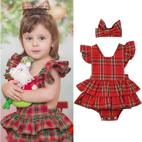 Christmas Cute Toddler Kids Baby Girls Summer Bodysuits Headband Short Petal Sleeve Plaid Jumpsuit Clothes