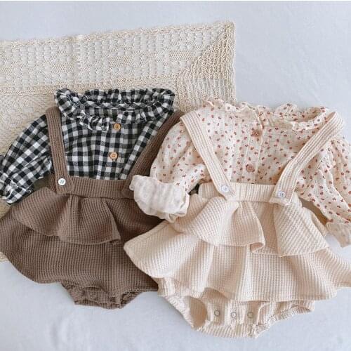 2Pcs Toddler Girl Set Vintage Floral Blouse + Suspender Culottes Baby Girl Spring Autumn Full Sleeve Set Elegant Dress 1-3 Yrs