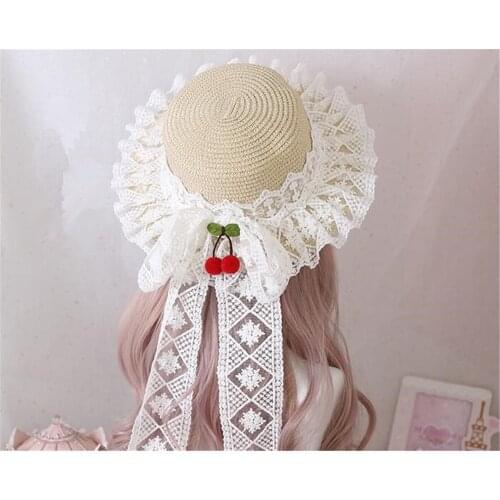 Summer Lolita Straw Hat Foldable Bucket Hat Mori Girl Lace bow Sunhat Cosplay Womens Flat Cap Beach hat B1313
