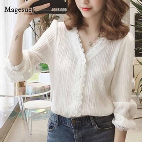 2020 Autumn V-Neck Long Puff Sleeve Solid Womens Blouse Striped Lace Tops Cardigan Plus Size White Yellow Shirt Blusas 11087