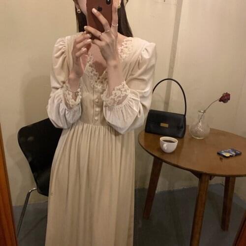 Alien Kitty 2021 New Chic Velvet Sweet Long Dress Women Korean Lace Patchwork Retro Elegant V-neck Party Female Vestidos