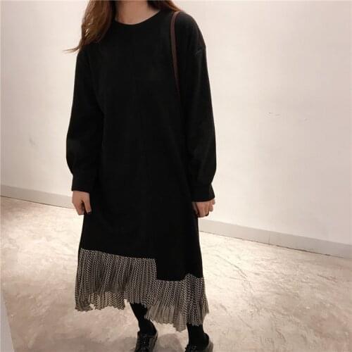 Two Piece Dresses Round Collar Long Sleeve Pullovers Women Autumn Thin Woolen Straight Long Dress Ladies Green Ruffle Hem Fake