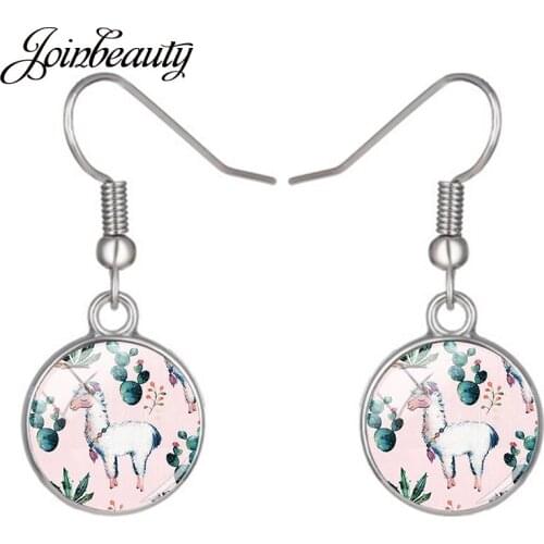JOINBEAUTY Lovely Alpaca Drop Earrings Cartoon Animal Printed Glass Cabochon Pendant Earrings For Women Statement Earrings YT33