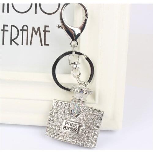 Silver Perfume Bottle Pendant Charm Rhinestone Crystal Keyring Key Chain for Handbag Purse Wedding Party Carkey Gift