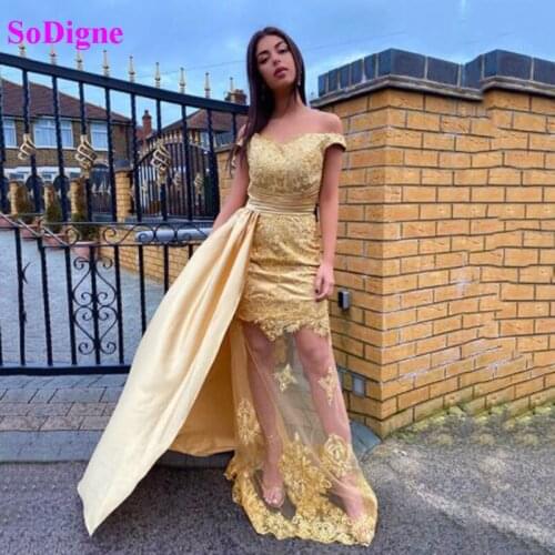 SoDigne Elegant Gold Mermaid Evening Dress Off Shoulder Tulle Applique Women Formal Gown With Detachable Skirt Party Dress