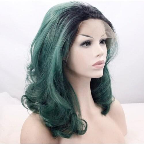 Heat Resistant Pine Green Ombre Synthetic Lace Front Wigs For Women Soft Short Wig Black To Dark Green Cosplay Party Hallowee