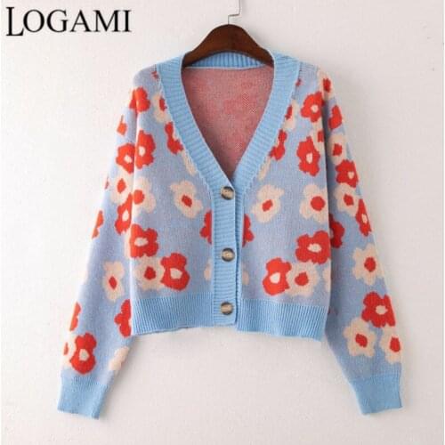 LOGAMI Preppy Style Flower Knitting Cardigans Sweater Women V Neck Elegant Thick Short Casual Coat Loose Cardigans