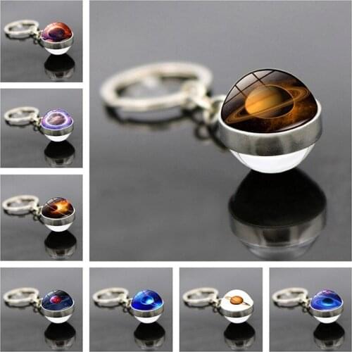 WG1pc Universe Planet Time Gem&stone Keychain Keyring Pendant Double sided Glass Ball Key Chain Holder For Women Car Bag Jewelry