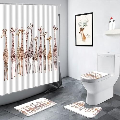Funny Cartoon Animal Cute Giraffe Children Shower Curtain Kids Bathroom Decor Anti-slip Mat Flannel Carpet Toilet Set Bath Mats