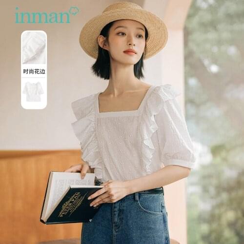 INMAN Summer Autumn Blouse Women Elegant Retro Square Collar Romantic Ruffle Stitching Design Short Sleeve White Shirt