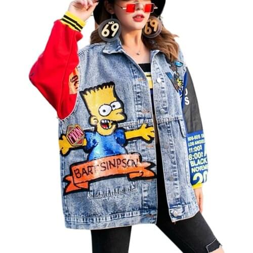 Cartoon Print Sequins Denim Jacket Women Contrast Color Splice Jean Jacket Woman Streetwear Oversized Outerwear Long Denim Coat