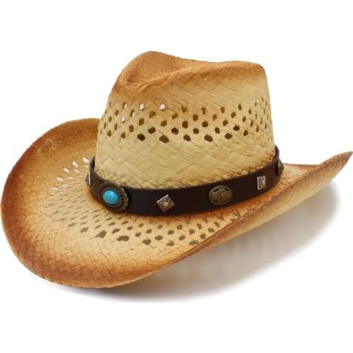 Women Men Western Cowboy Hat WithLeather Punk Band Handmade Weave Sombrero Cowgirl Hat Size 58CM