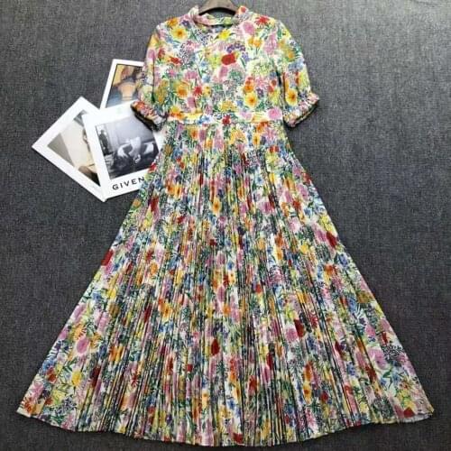 Women 100% Summer Silk 2021 High Quality Runway Fashion Floral Print Elegant Pleated Long Party Holiday Dress