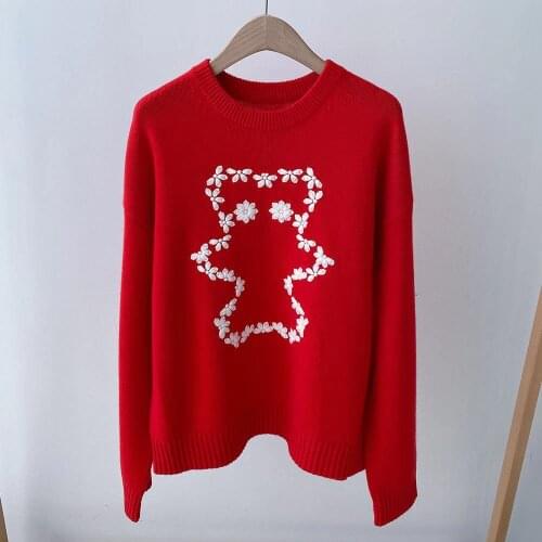 Women 2021 New Spring Pullover Cashmere Sweaters Long Sleeve Embroidery Knit Red / Black Jumper