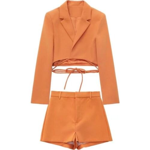 Casual Buttonless Short Blazer with Free Belt Pencil Pants Suits 2021 Women Solid Colors V-Neck Slim Blazer New Simple Pants Set