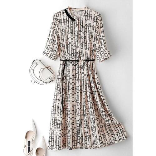 SURUFENG Stand Collar Floral Print Women Dress Lace Up Female Satin Dress Summer Casual Knee-Legth Chiffon Vestidos 2021