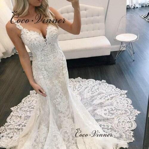 Sexy Backless Europe Mermaid Wedding Dress 2021 Straps V neck Lace Appliques Embroidery Custom Made Bride Dresses Women W0792