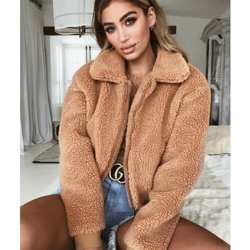 Winter Womens Fleece Jackets Thick Warm Teddy Bear Jacket Coat Crop Tops Zip Up Outwear Oversize Coat With Pockets