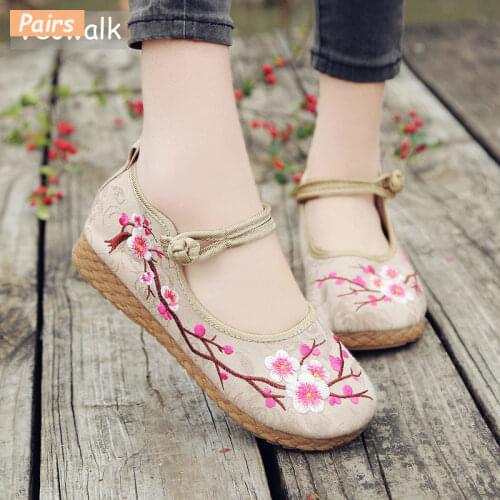 Plum Embroidered Women Casual Cotton Fabric Ballet Flats Handmade Ladies Comfort Canvas Espadrilles Platform Shoes