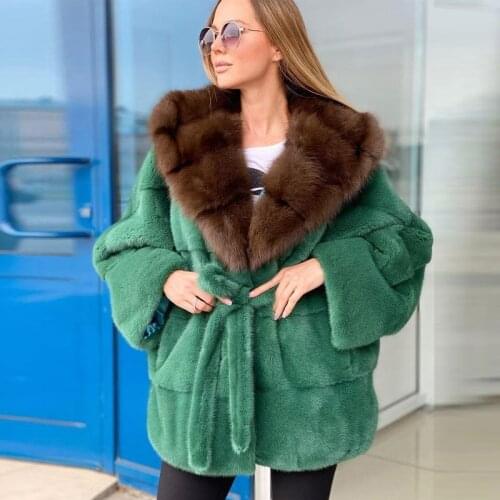BFFUR 2021 Womens Real Fur Coat Winter Fashion Full Pelt Natural Mink Fur Coat Medium Length Fox Fur Collar Mink Fur Overcoats