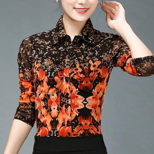 Fall Spring Fashion Women Printed Floral Pattern Mesh Slim Stretch Long Sleeve Blouse , Turn Down Collar 4XL 3xl Woman Blouses