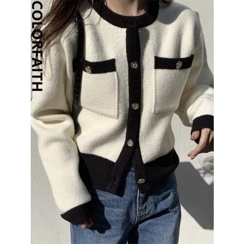 Colorfaith New 2021 Womens Autumn Winter Sweaters Fashionable Elegant Cardigan Vintage Pockets Short Knitwear Wild Tops SWC1096