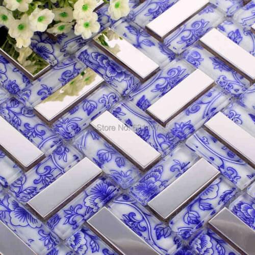 Square blue flower glass mosaic mixed stainless steel tile kitchen backsplash bathroom shower tiles hallway border