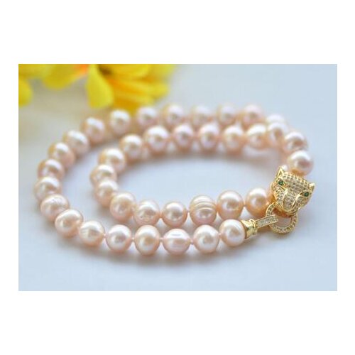 NEW Natural breeding freshwater white pink pearl 9-10MM 18" leopard head clasp