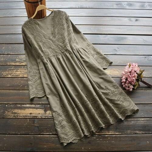 New Autumn WomenS Retro Literature Cotton Dress Embroidery Solid Color V-Neck Long-Sleeved Midi Dress Women 2020