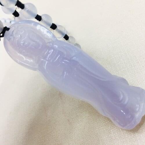 Natural Brazilian Ice Bottom Chalcedony Jade Carved Light Purple Stereo Guanyin Pendant with Chalcedony Bead Necklace Sweater Ch