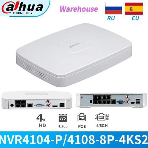 Dahua NVR 4K 4/8CH POE 8MP NVR NVR4104-P-4KS2 NVR4108-8P-4KS2 H265 Network Video Recorder cam HDMI VGA For IP Camera CCTV