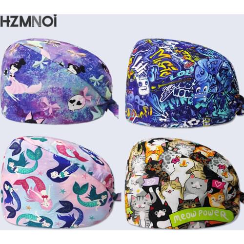 Fine Cotton Cartoon Print Nurse Cap Surgical Cap Pet Hospital Surgeon Cap Dentist Cap Beauty Salon Chef Dust-proof Scrub Cap