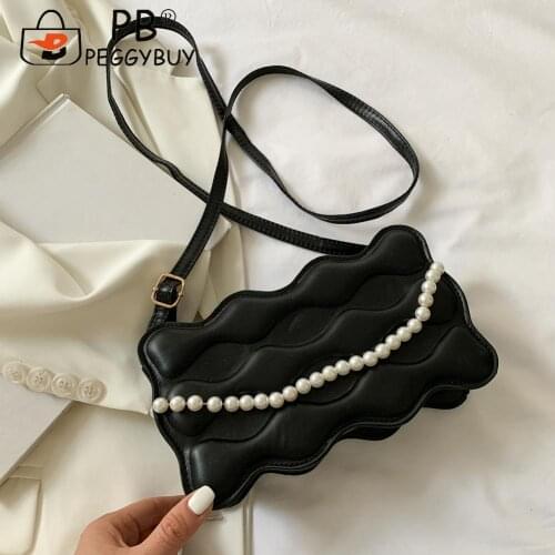 Retro Crossbody Bag Wave Embossing Solid Color Women Pearl Chain Small Handbags Vintage Pure Color Handbag Purse