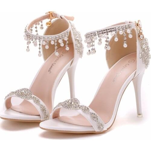 Gorgeous White Beaded Pearls Wedding Heels 9 CM Open Toe Prom Evening Party Shoes Bridal High Heels Lady Formal Dress Stile