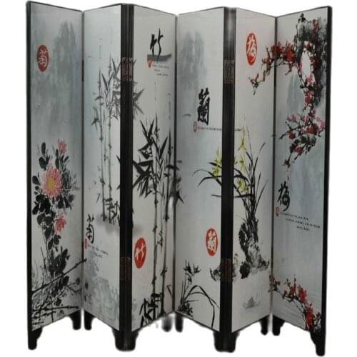 Decorated Lacquer Draw Plum Blossoms Orchid Bamboo Chrysanthemum 6 Side Screen