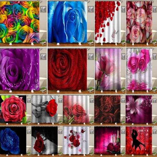 3D Colorful Rose Waterproof Fabric Shower Curtain Bathroom Curtains Pink Flowers Printed Bath Screen Valentines Day Decoration