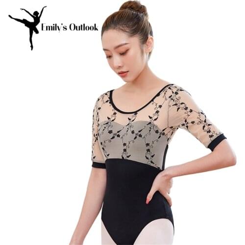 Ballet Dance Leotards for Women Female Boat Collar Lace Splice Dance Clothes Floral Embroidery Long Sleeve Plus Size
