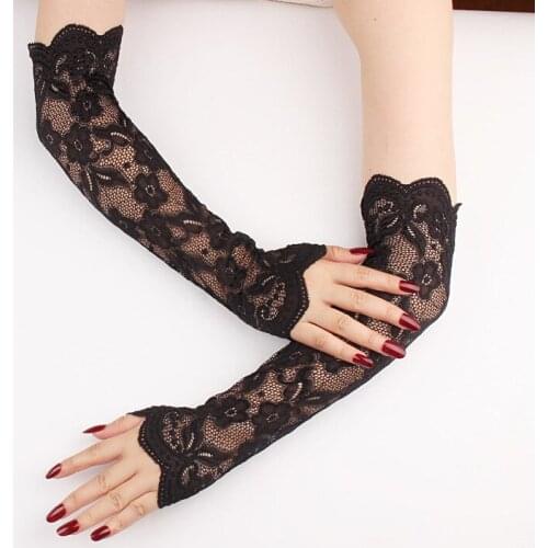 38cm Summer Flowers Ice Silk Touch Screen Driving Glove Sleeve Women UV Sunscreen Sport Cycling Fingerless Lace Sun Mitten I73