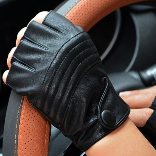 LongKeeper Fashion Half Finger Driving Women Gloves PU Leather Fingerless Gloves For Women Black Mittens