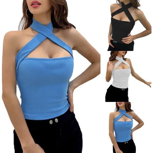 Women Summer Vest Tops, Female Solid Color Cross Hanging-Neck Low-Cut Crop Tank Tops with Back Chains Decoration for Girls