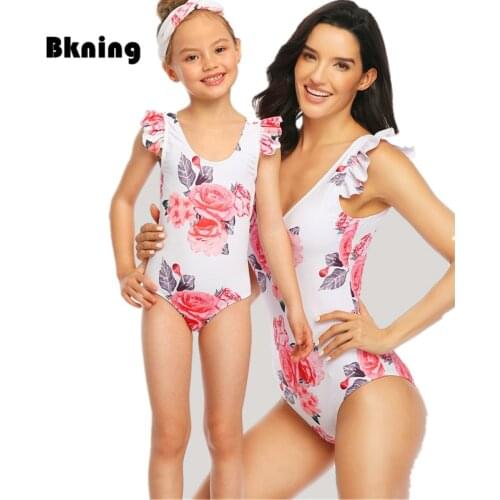 Women One Piece Swimsuit Floral Parent-child Swimwear Print Ruffle Strappy Mother Daughter Family Matching Outfits Monokini S XL