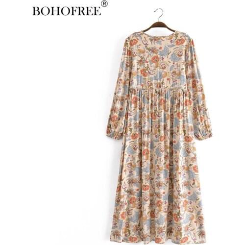 Boho Maxi Hippie Long Sleeve Floral Long Dress V Neck Rayon Cotton Casual Autumn Wear Women Bohemian Vestidos
