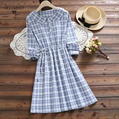 Mori Girl Dress 2019 Spring Autumn Women Long Sleeve Blue Plaid Cotton Linen Dresses Peter Pan Collar Vintage Vestidos Verano