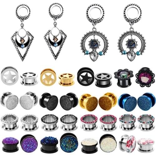 2pcs/lot Steel Gem Screw Fit Double Flare Hollow Body Piercings Trendy Ear Expander Plug Tunnel Ear Gauges Body Piercing Jewelry