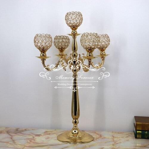 75 cm Tall 5-arms Metal Gold Crystal Candle Holder Wedding Candelabra Table Centerpiece Event Road Lead Candle Stand