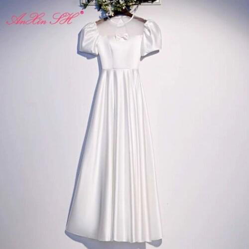 AnXin SH princess white satin evening dress vintage party o neck short sleeve bride little bow evening dress little white dress