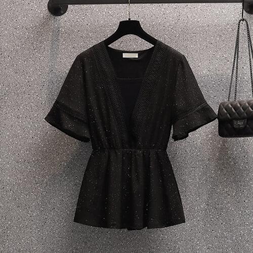 Plus Size Womens Tops 2021 Summer New Korean Fashion Shinny Temperament Waist Loose Short Sleeve Lady V-neck Blouse aq978